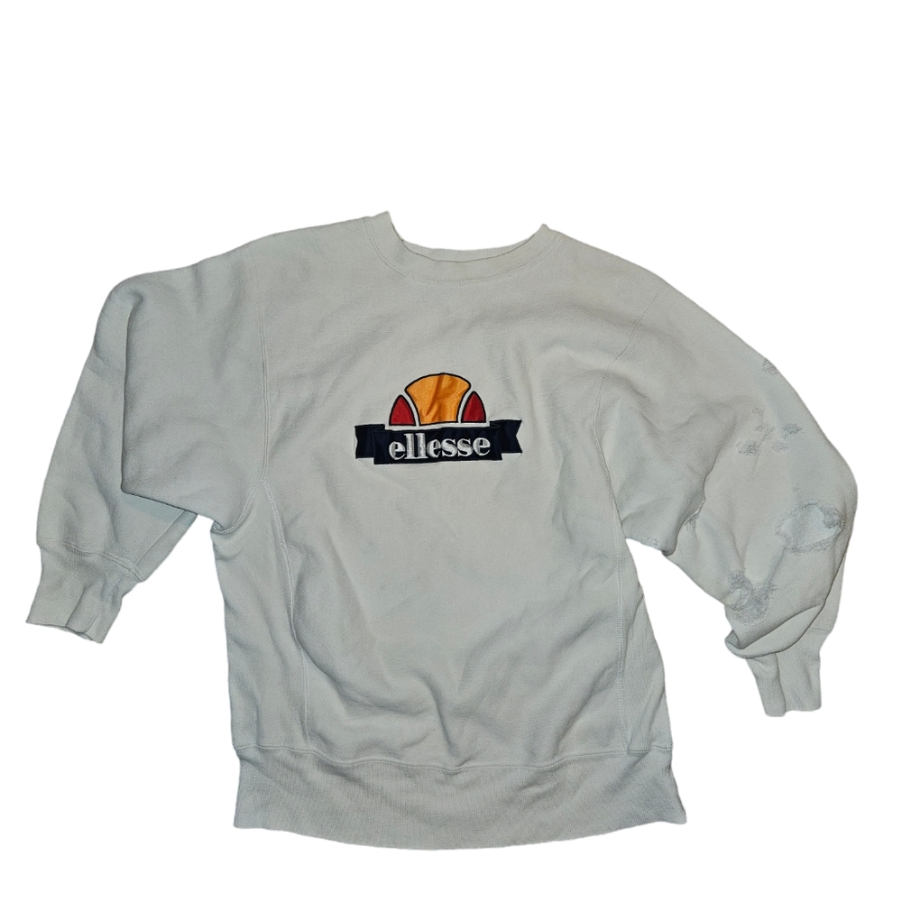 Vintage Ellese Basketball Embroidered Sweater Sweatshirt Large White Thrashed